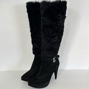 Stuart Weitzman Knee High Black Suede Fox Fur Platform Heeled Boots 6.5 Wide